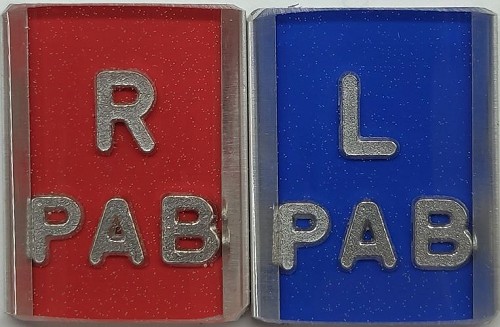 R in Mosaic Raspberry / L in Mosaic Blue 